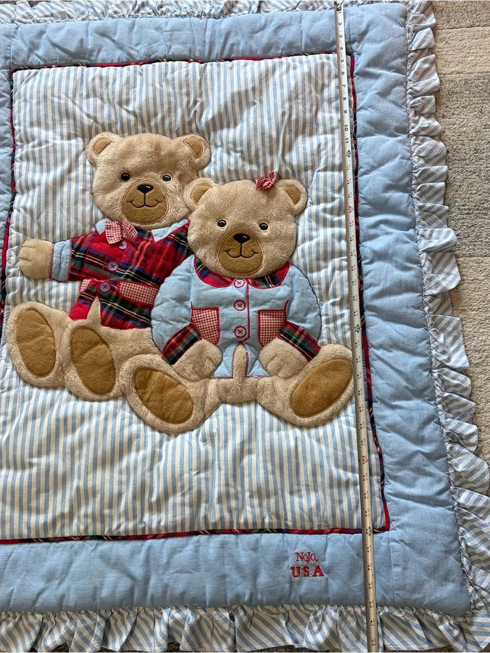 Vintage NoJo USA Teddy Bear Baby Blanket Quilt Playmat Ruffle Blue Striped 90s